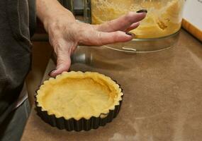 Process of making the base for Round Cream Pie with Chocolate and Strawberries. French recipe photo