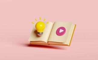 yellow light bulb with open book, play button isolated on pink background. idea tip education, knowledge creates ideas concept, minimal abstract, 3d render illustration photo