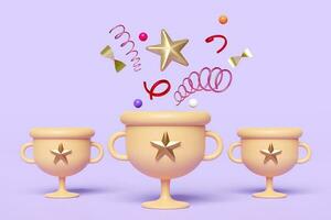 Golden champion cup or trophies with floating star, geometric shapes isolated on purple background. reward cup concept, 3d illustration or 3d render, clipping path photo