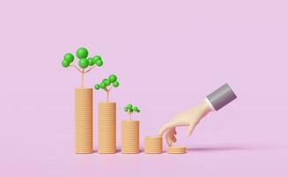 businessman hands with tree, pile stacked coin, charts and graph isolated on pink background. saving money, business growth, fund, interest concept, 3d illustration or 3d render photo