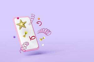 mobile phone or smartphone with star geometric shapes floating isolated on purple background. idea tip concept, minimal abstract, 3d illustration render, clipping path photo