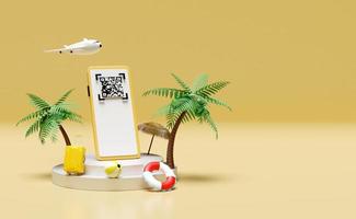 mobile phone, smartphone with stage podium, palms, beach chair, qr code scanning, plane, suitcase isolated on yellow. online shopping, summer travel vacation concept, 3d illustration, 3d render photo