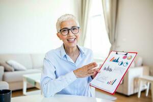 Mature businesswoman presenting charts and graphs on video call online. Middle-aged Business woman having conference call with client on laptop. Closeup business woman working laptop computer indoor. photo