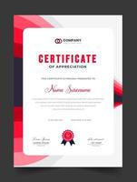 Abstract Clean professional red certificate of appreciation template. diploma modern certificate with badge. Elegant business diploma layout for training graduation or course completion. vector