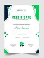 resumen limpiar profesional verde certificado de apreciación modelo. diploma moderno certificado con insignia. elegante negocio diploma diseño para formación graduación o curso terminación. vector