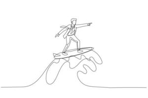 businessman riding surf board with wave. Concept of overcome difficulty vector