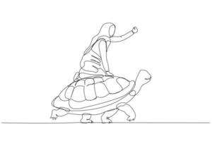 muslim woman riding fast on a turtle concept of high speed development on slow landscape vector