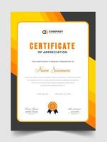 Abstract Clean professional yellow certificate of appreciation template. diploma modern certificate with badge. Elegant business diploma layout for training graduation or course completion. vector