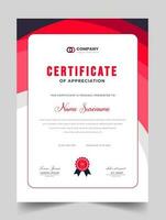 Abstract Clean professional red certificate of appreciation template. diploma modern certificate with badge. Elegant business diploma layout for training graduation or course completion. vector