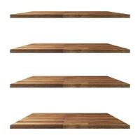 4 Wood shelves table isolated on white background and display montage for product. photo