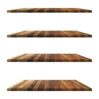 4 Wood shelves table isolated on white background and display montage for product. photo