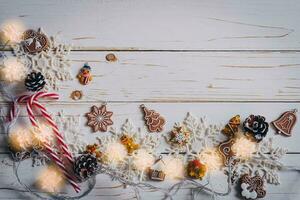 Christmas background and christmas decoration presents concept, top view with copy space. photo