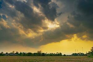 Field agriculture and rain clouds with sunrays photo