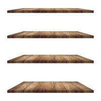 4 Wood shelves table isolated on white background and display montage for product. photo