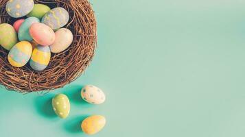 Colorful easter egg and nest on green pastel color background with space. photo