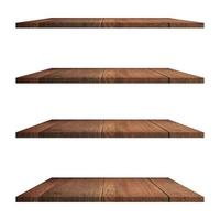 4 Wood shelves table isolated on white background and display montage for product. photo