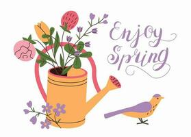 Spring mood greeting cart template. Minimalist postcart with flowers, watering can. Welcome spring season invitation. vector