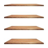 4 Wood shelves table isolated on white background and display montage for product. photo