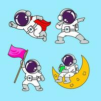 astronauta dibujos animados colocar, animación , plano diseño, súper héroe, vector