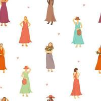 Seamless pattern with different abstract beautiful women. Lovely fashionable happy girls laughing, summer light dresses. Vector graphics.