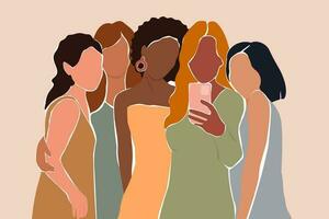 A group of abstract girls take selfies together. Beautiful female friends hug, happy. Vector graphics.