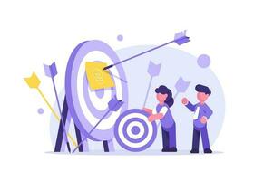 Teamwork concept with tiny people characters working together with big target and tiny people characters vector