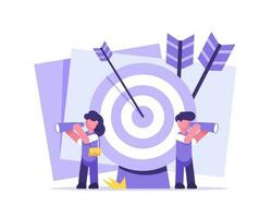 Teamwork concept with tiny people characters working together with big target and tiny people characters vector