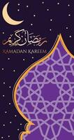 Ramadan Kareem text with dome outlines and cresent moon, typography art, Ramadan sign for social media, Ramadan greeting card and advertisement, Islamic art for Ramadan month, purple and gold colors vector