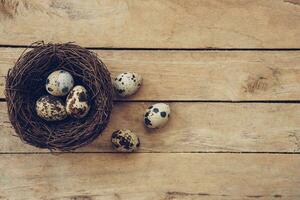 Wood nest and easter eggs on wooden background and texture with copy space. photo