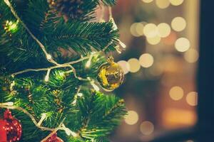 Closeup of christmas ball hanging from Christmas tree.