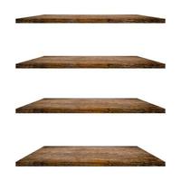 4 Wood shelves table isolated on white background and display montage for product. photo