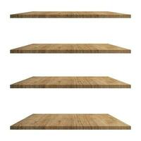 4 Wood shelves table isolated on white background and display montage for product. photo