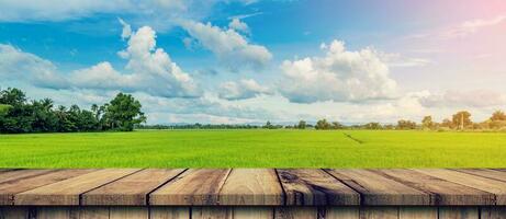 Rice field sunlight and Empty wood table for product display and montage. photo