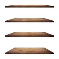 4 Wood shelves table isolated on white background and display montage for product. photo