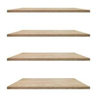 4 Wood shelves table isolated on white background and display montage for product. photo