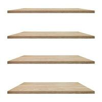 4 Wood shelves table isolated on white background and display montage for product. photo