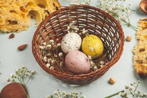 Hand painted pastel colored Easter eggs background. Happy Easter greeting card or invitation. photo