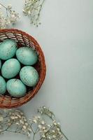 Hand painted pastel colored Easter eggs background. Happy Easter greeting card or invitation. photo