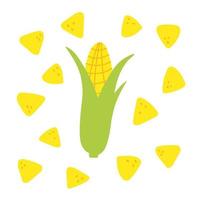 Tasty yellow crispy mexican nachos pattern around the corn. Vector flat Mexican food illustration for menu