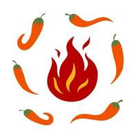 Hot Red Chili Pepper with fire. Isolated Flat Vector Illustration design on white