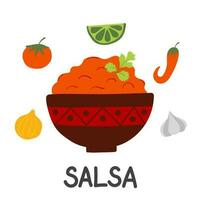 Mexican tomato sauce salsa with fresh raw ingredients. Flat vector illustration