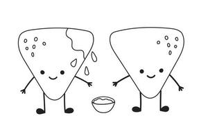 Two Chips Nachos characters with a cup of tomato salsa. Mexican flat vector illustration