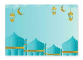 Islamic blue color background with ornament of lantern, moon, cloud and mosque, ramadan banner design and greeting card template. vector