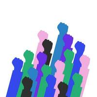 A group of people of different races raised their fists as a symbol of unity, protest, strength or victory, success. The concept of unity, revolution, struggle, cooperation. Isolated background vector