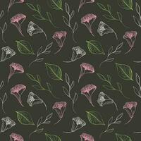 Seamless repeating pattern with flowers on a dark background, floral motif. Hand drawn leaves in a pattern for design, textile, wrapping paper and packaging design vector