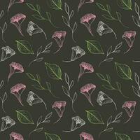 Seamless repeating pattern with flowers on a dark background, floral motif. Hand drawn leaves in a pattern for design, textile, wrapping paper and packaging design vector