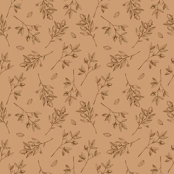 sin costura modelo con cacao planta. mano dibujado ilustración de cacao frijoles, hojas, cacao árbol. floral motivo, repitiendo antecedentes. ornamento en marrón y beige colores vector