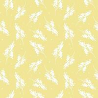 Cute seamless repeat pattern with mimosa flowers on yellow background, fresh spring floral motif. Acacia pattern in pattern for textile, wrapping paper and packaging design. vector