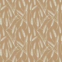 Cute seamless repeating pattern with ears of wheat on a beige background. Floral ornament with an ear of wheat. Drawn by hand. Delicate pattern, minimalist styl vector