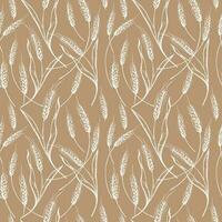 Cute seamless repeating pattern with ears of wheat on a beige background. Floral ornament with an ear of wheat. Drawn by hand. Delicate pattern, minimalist styl vector